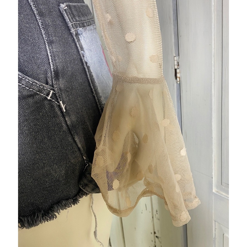 Pink‎ Pastel Goth Vintage Caution Label Crop Tee w/Mesh Bell Sleeves Size Small - Picture 6 of 10